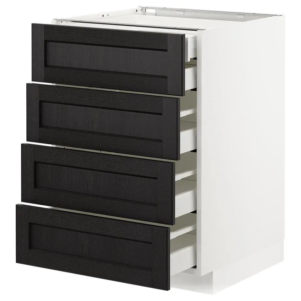 A white METOD kitchen cabinet with four black stained ash drawers, featuring bevelled edges and a traditional design.