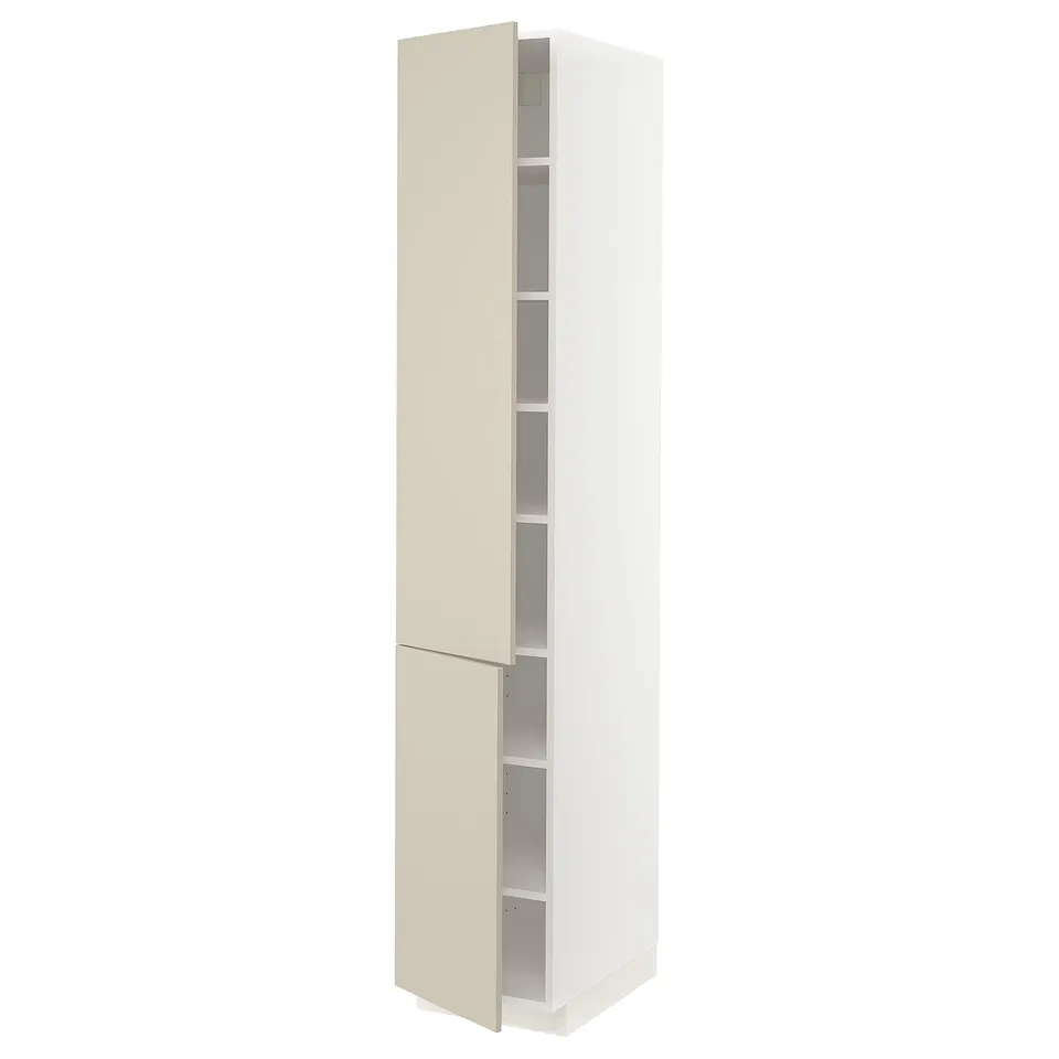 A tall, white ikea METOD kitchen cabinet with beige havstorp doors, featuring clean lines and adjustable shelves.