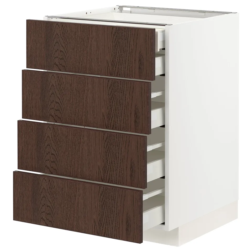 Modern kitchen cabinet: METOD with dark brown sinarp drawer fronts, white body, four drawers.