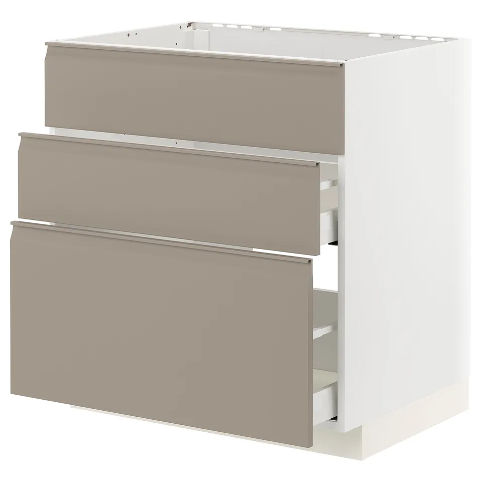 METOD kitchen unit, beige, three open drawers, modern design, integrated handles.