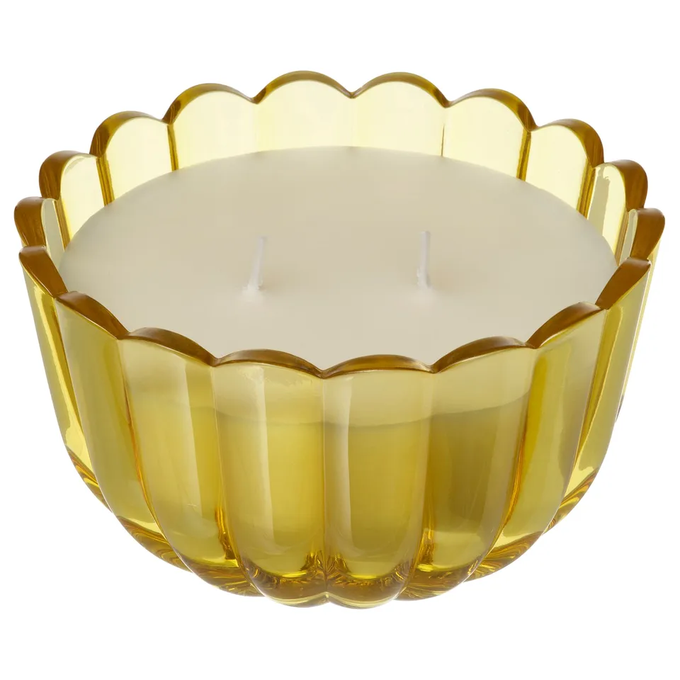 MORKULLA Scented candle in glass, 2 wicks, Citrus flower bright yellow-green, 22 hr
