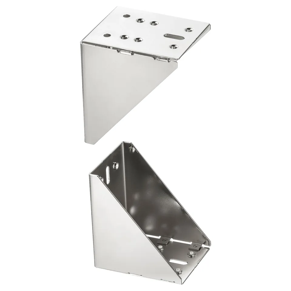 Nickel cabinet brackets with holes.