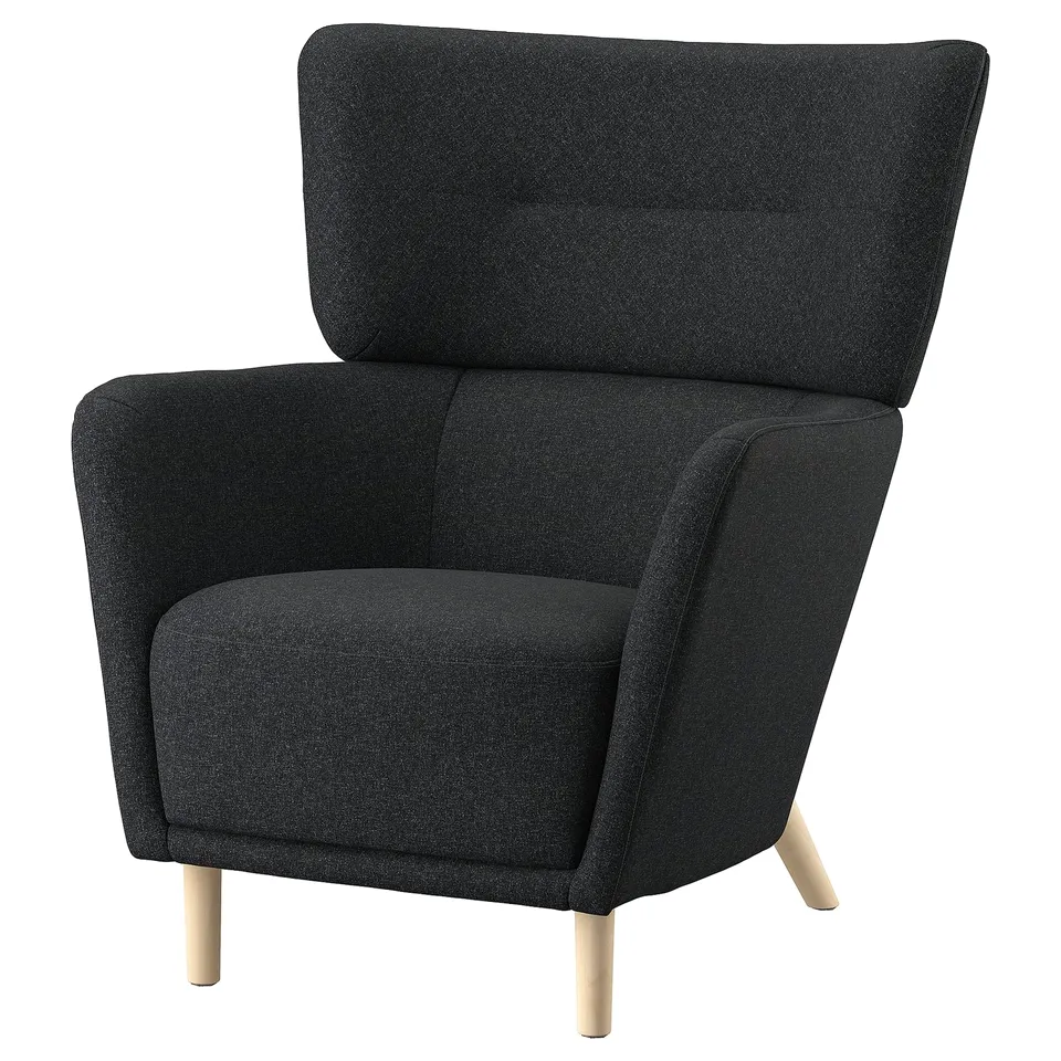 Dark grey OSKARSHAMN wing chair with wood legs, high back, and comfy seat.