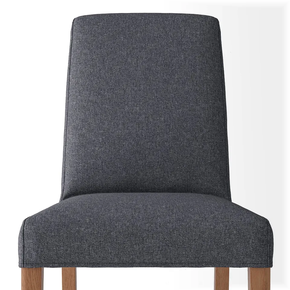 Modern upholstered chair with dark grey fabric, wooden legs, high back, and supportive design.
