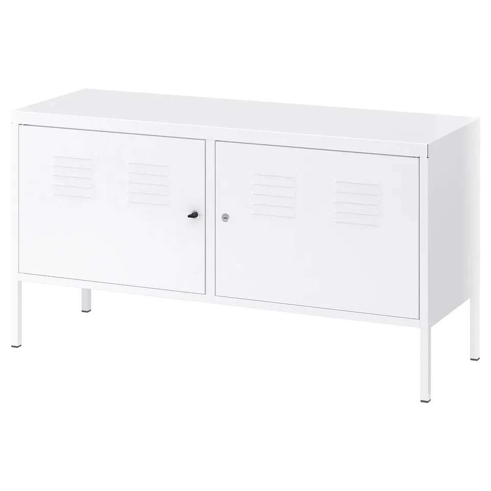 IKEA PS: white metal cabinet, rectangular shape with two lockable doors, suitable for any room.