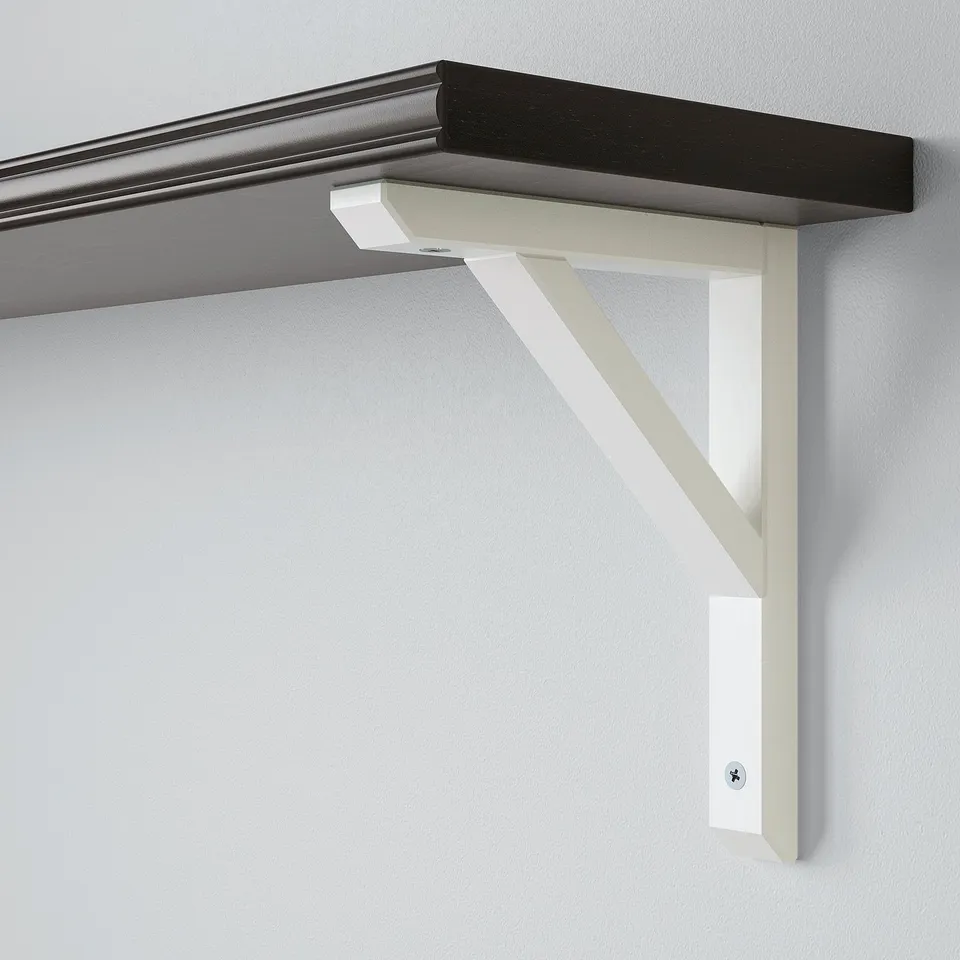 Wall-mounted shelf with white bracket, dark shelf, clean lines.