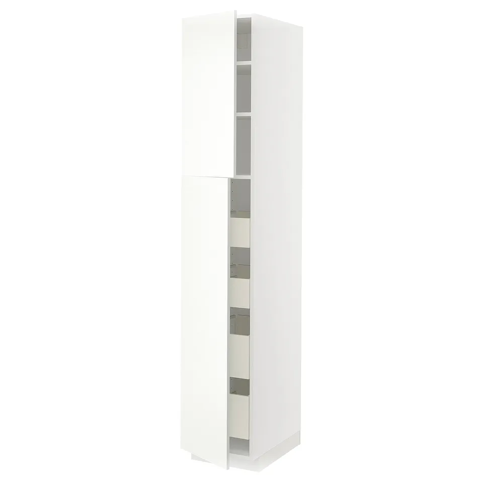 A white METOD kitchen cabinet with glass doors, vertically placed. It sleek, modern storage with a minimalist design.