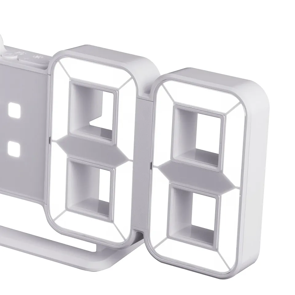 Modern white alarm clock with clear, adjustable bright digits; sleek, minimalist design.