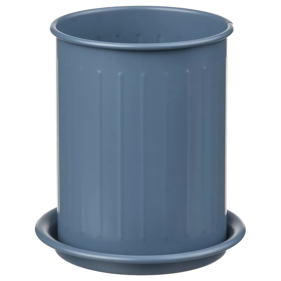 VÄLVÅRDAD blue cylindrical metal bin with vertical grooves and matching circular base.