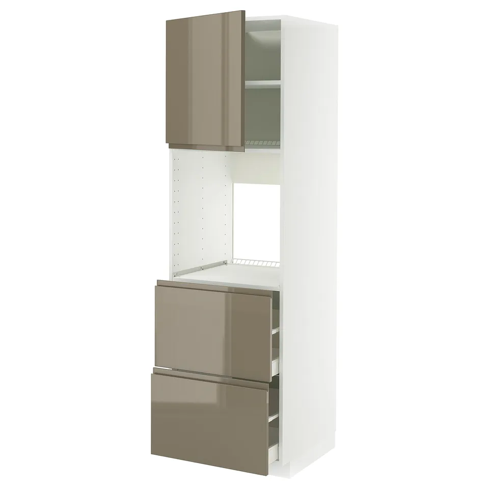 Modern kitchen unit with high gloss brown doors, drawers and glass cabinet, white frame.