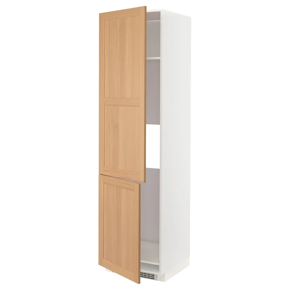 White METOD tall cabinet with oak doors, adjustable shelves.