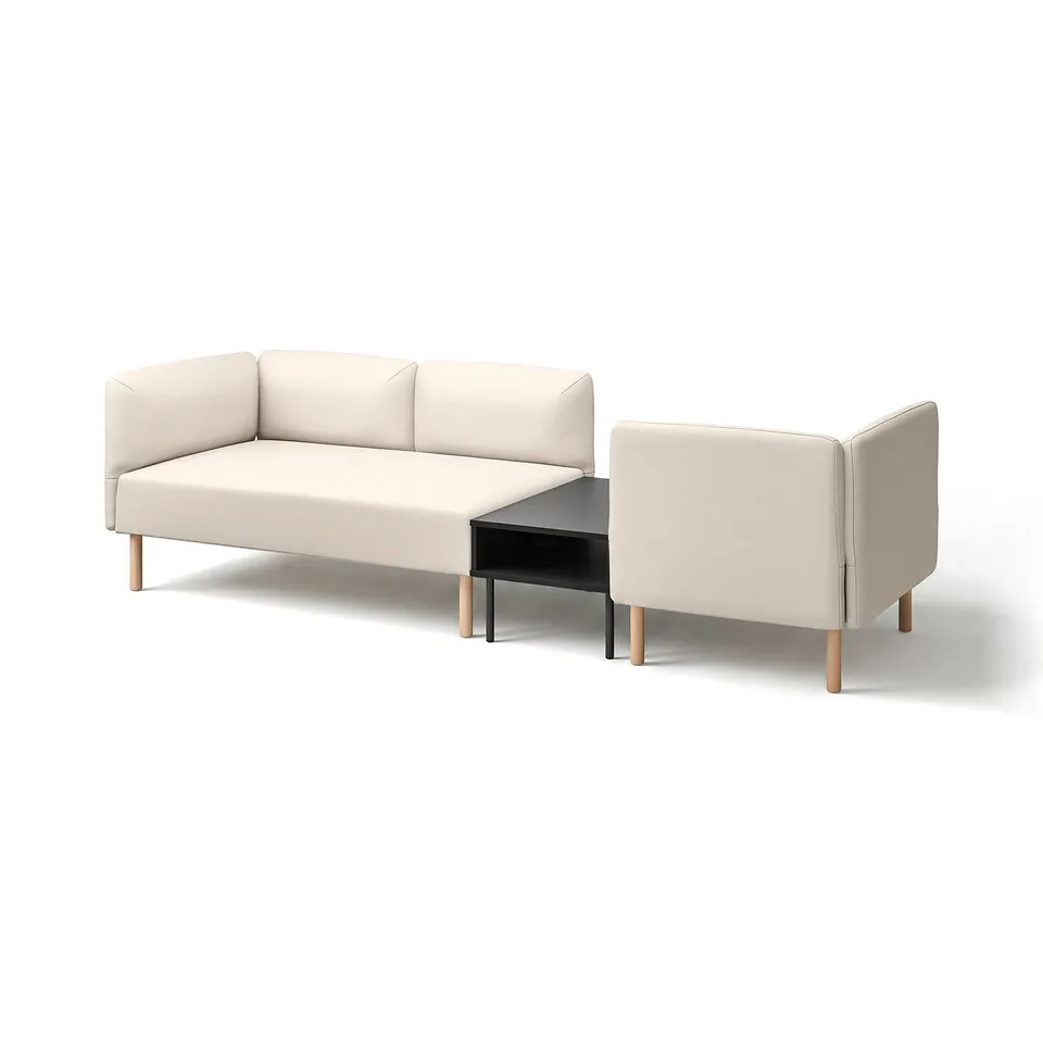 A modern, beige LILLEHEM modular sofa with a wooden-finished frame and a matching chair, set against a white background.