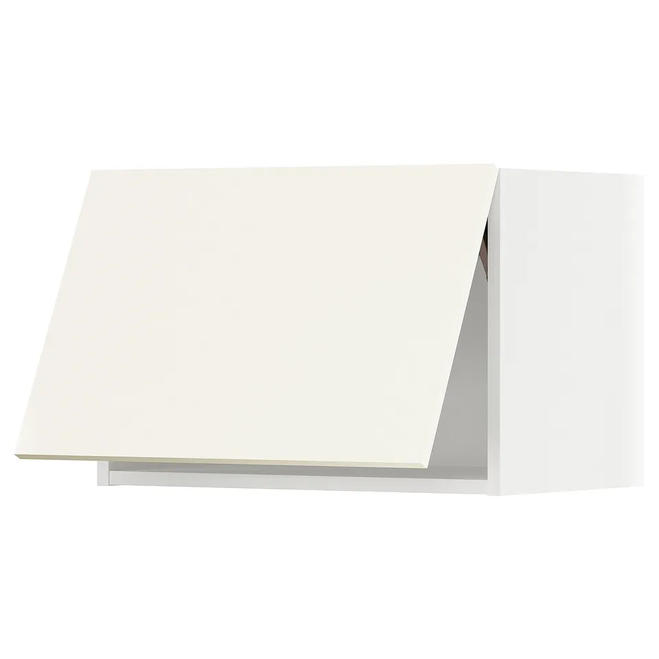 White ikea METOD kitchen cabinet with glossy finish and door lift mechanism.
