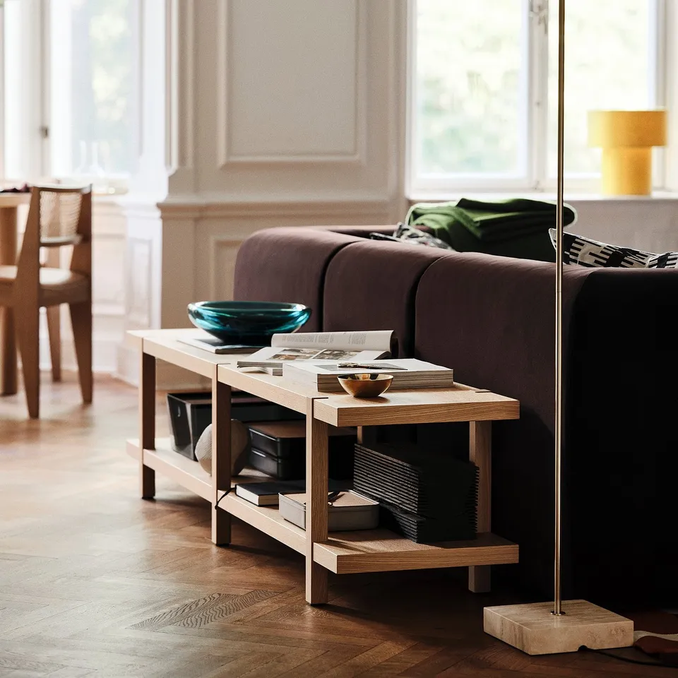 Stylish STOCKHOLM 2025 oak shelving/bench for low window, modern design.