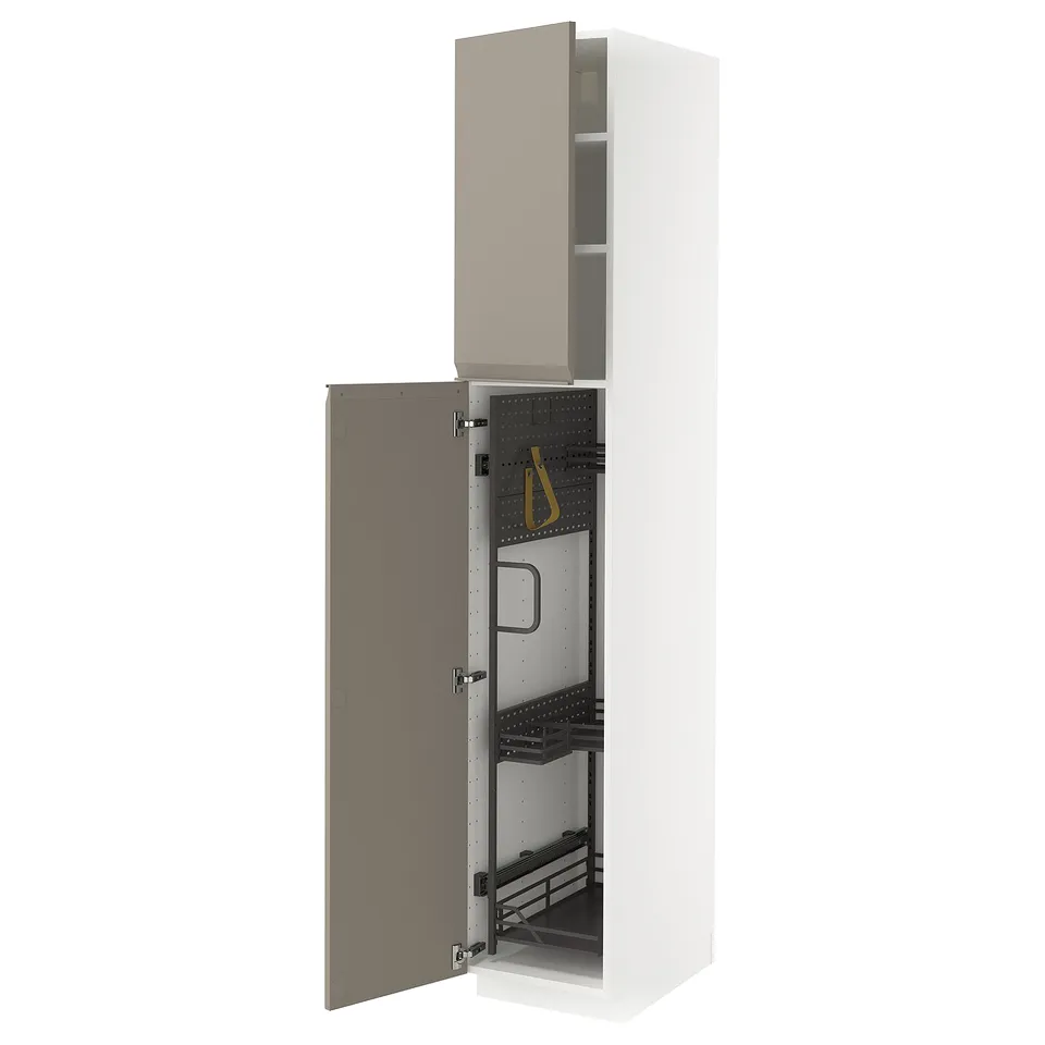 METOD kitchen unit in grey-beige with open door exposing storage racks.