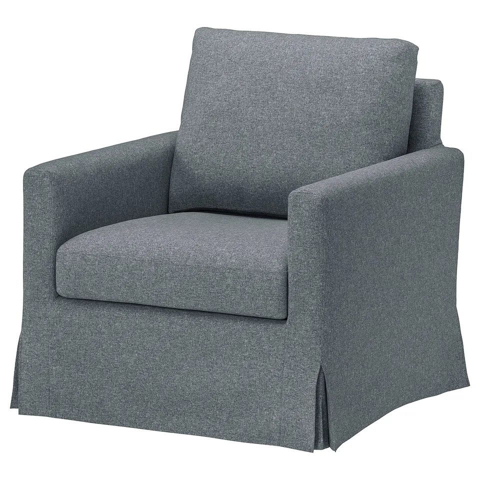 Single grey armchair, rounded back, plush upholstery. Modern, minimalist design.