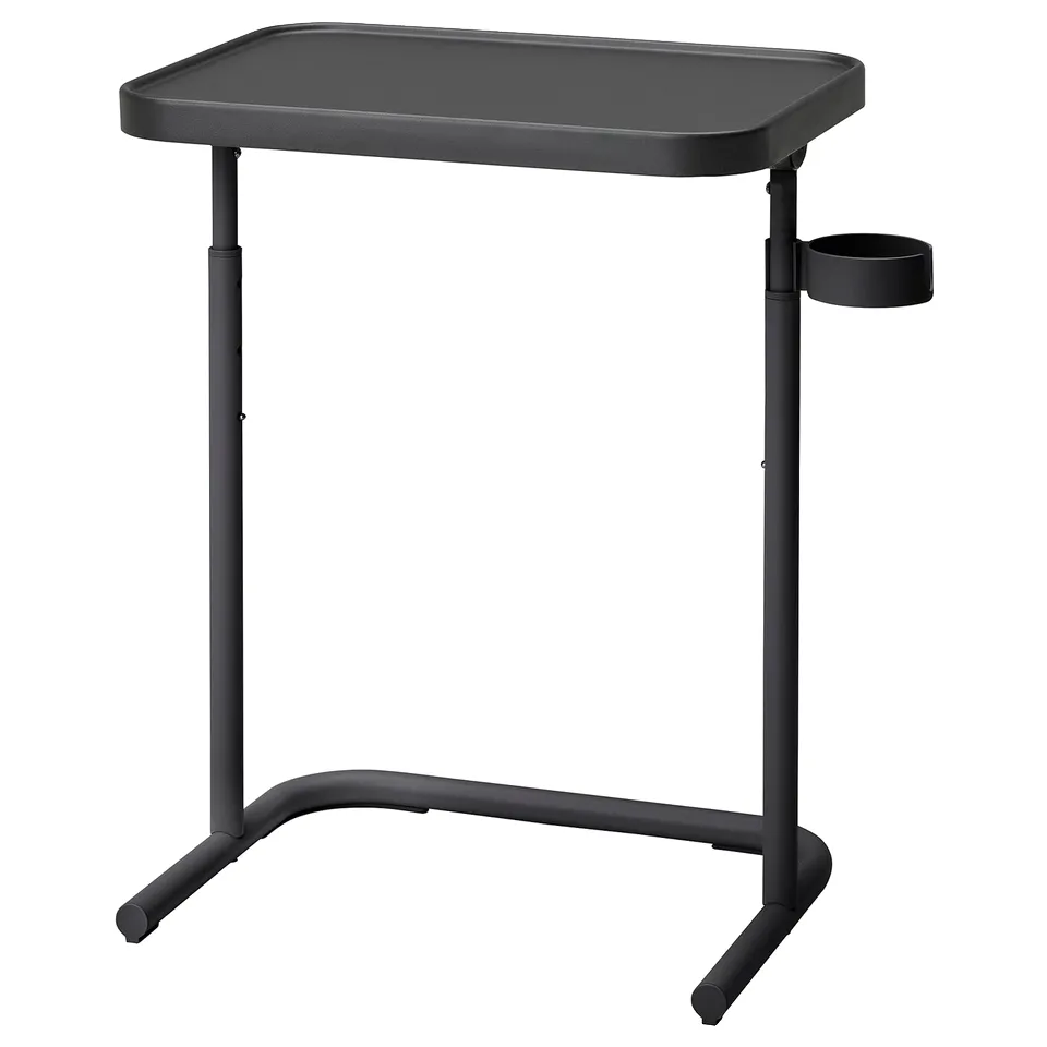 Black BJÖRKÅSEN laptop stand, rectangular top, adjustable height, tiltable, four-legged base, attached cup holder.