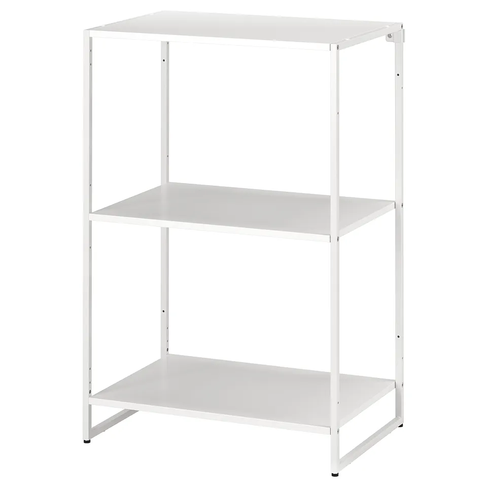 White JOSTEIN 3-tier metal shelf, modern minimalist design, ideal for small spaces.