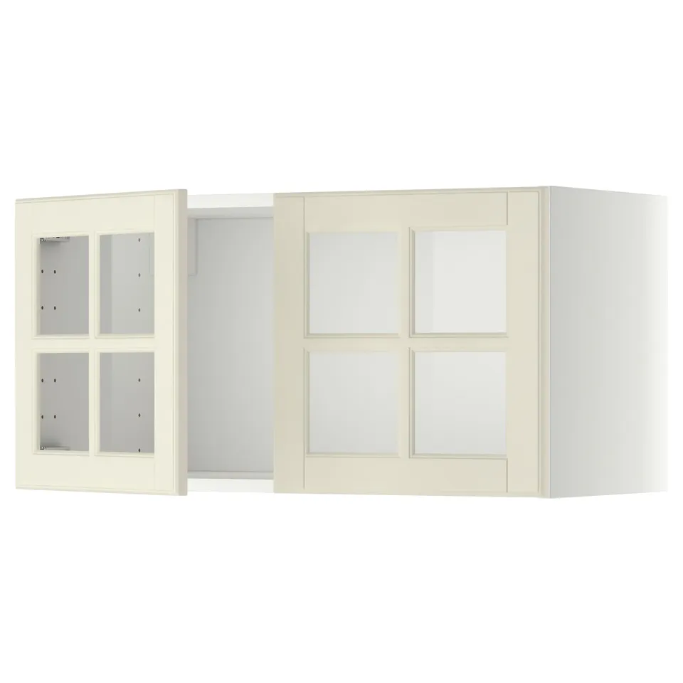 Off-white METOD kitchen cabinets with glass doors, bevelled edges, and a sturdy frame.