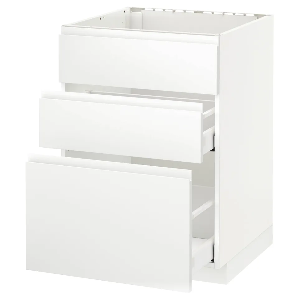 A white METOD kitchen cabinet with three drawers. The design is sleek and minimalist with smooth surfaces and integrated handles.