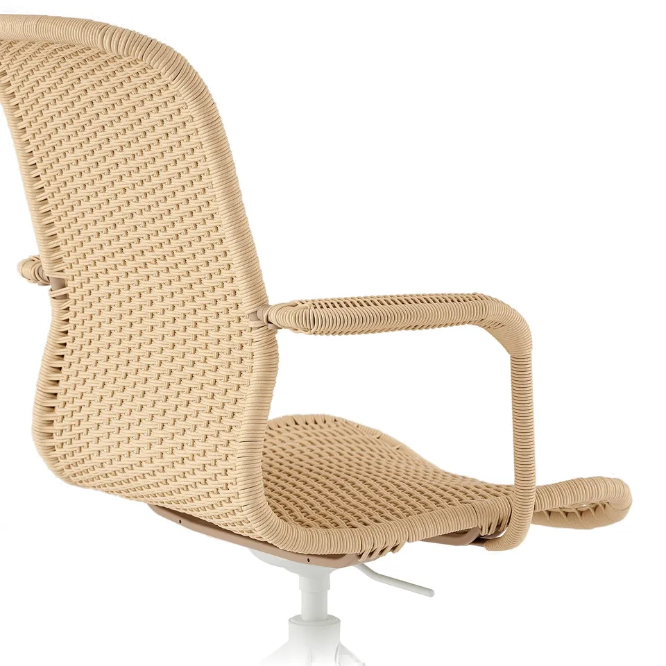 Handwoven wicker office chair, natural beige, adjustable height, with sturdy armrests, stylish & comfortable.