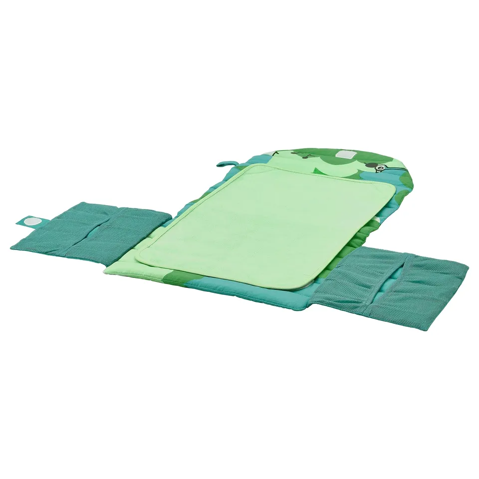 Portable baby changing mat, green with pockets, soft cotton, hooks on back.