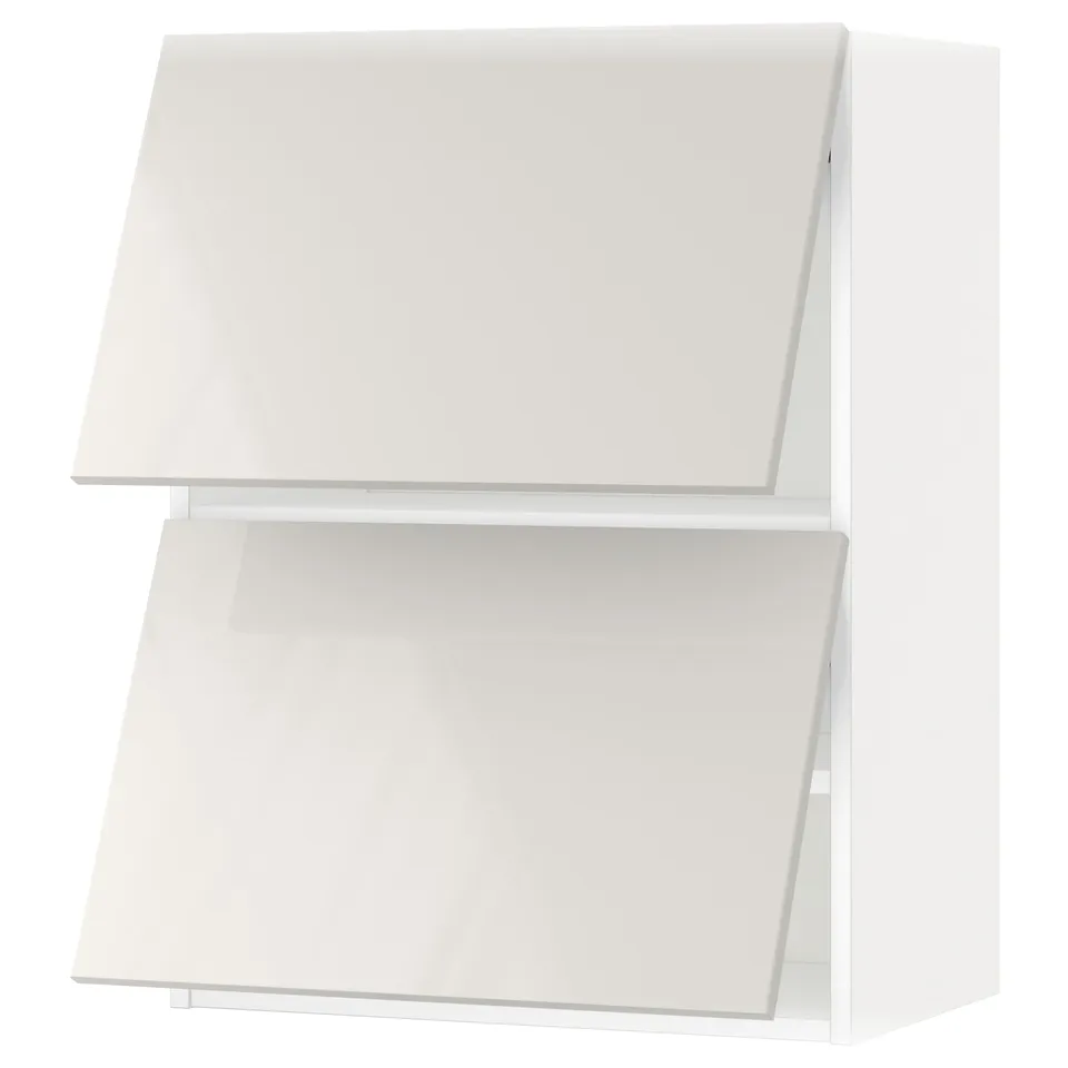 White high-gloss kitchen cabinet; sleek, modern design with two shelves.