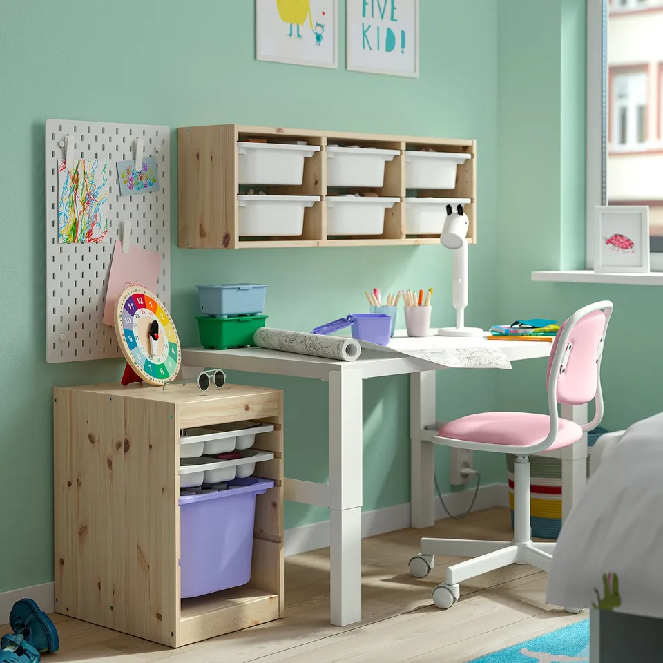 TROFAST Storage combination with box/trays, light white stained pine white/lilac, 32x44x53 cm