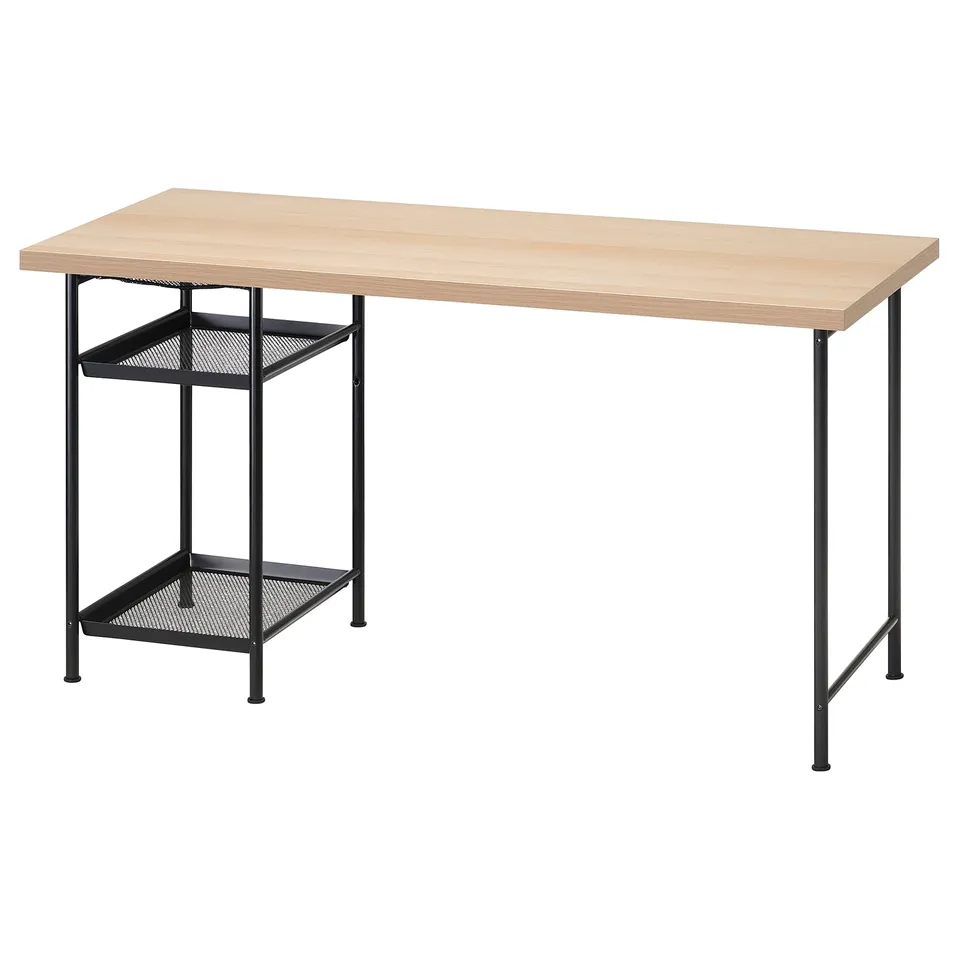 LAGKAPTEN desk: light wood top, black metal legs, 2 mesh shelves, simple design.