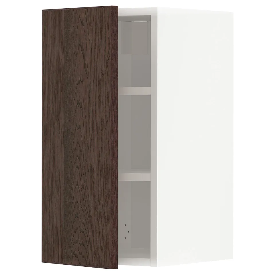 METOD kitchen unit: tall, dark brown oak, three shelves, adjustable, white interior.