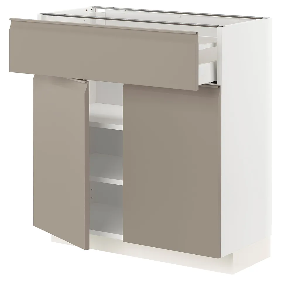 Beige METOD kitchen unit with white drawer, square, modern design.