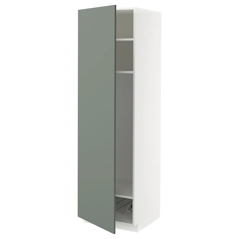 Modern grey-green kitchen cabinet with doors open, revealing shelves and wire basket.