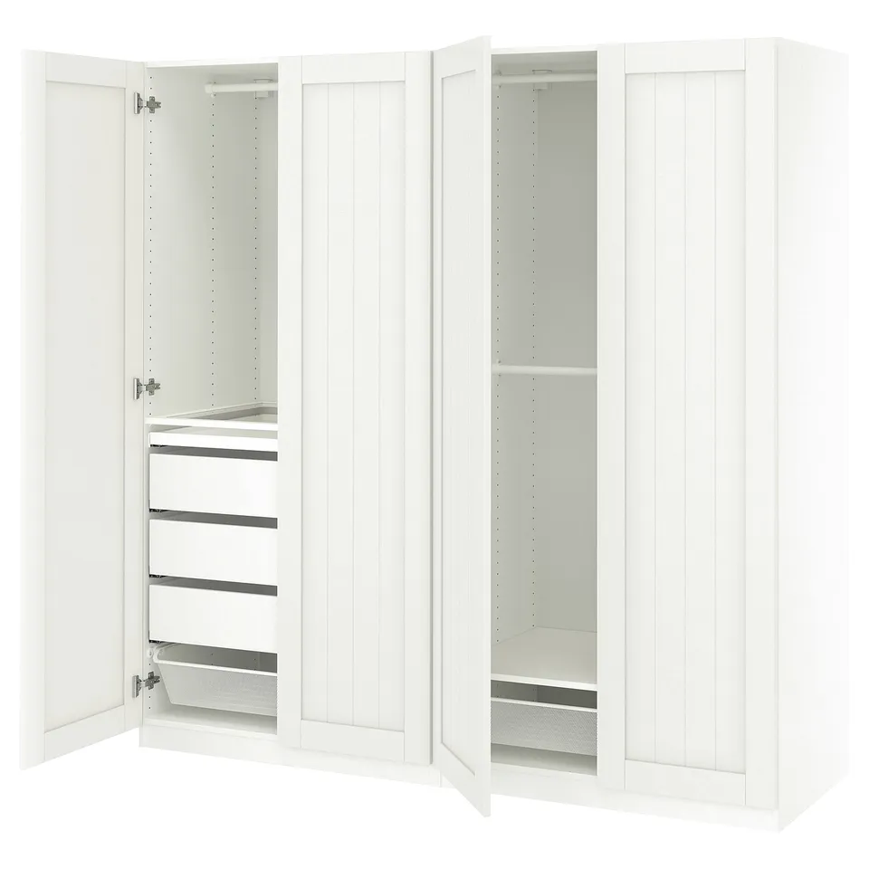 White PAX wardrobe with open doors, shelves, and drawers.
