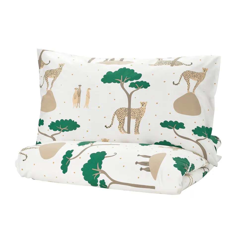 Safari theme duvet set with cheetahs and trees, white and green.