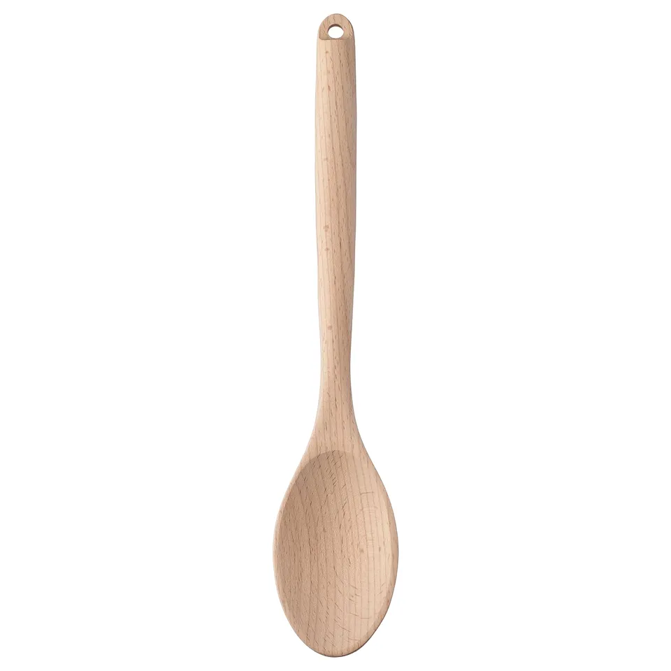 Wooden cooking spoon, RÖRT, light brown, beech wood, long handle, simple design.