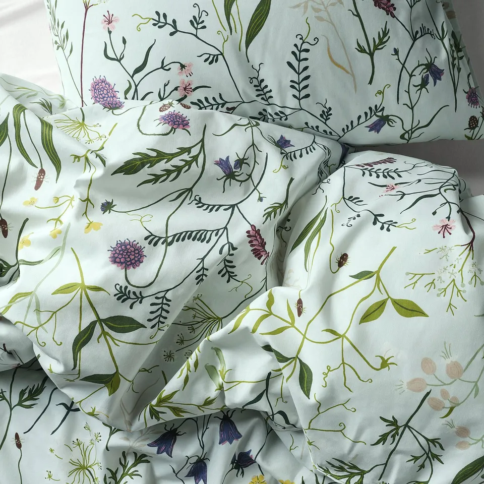 Blue floral duvet set, soft gots cotton, green, yellow, purple.