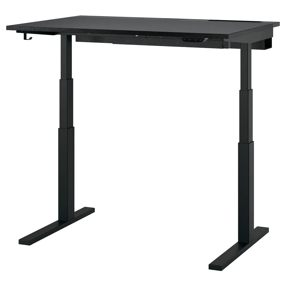 MITTZON black adjustable height desk, modern & ergonomic, metal frame, rectangular top.