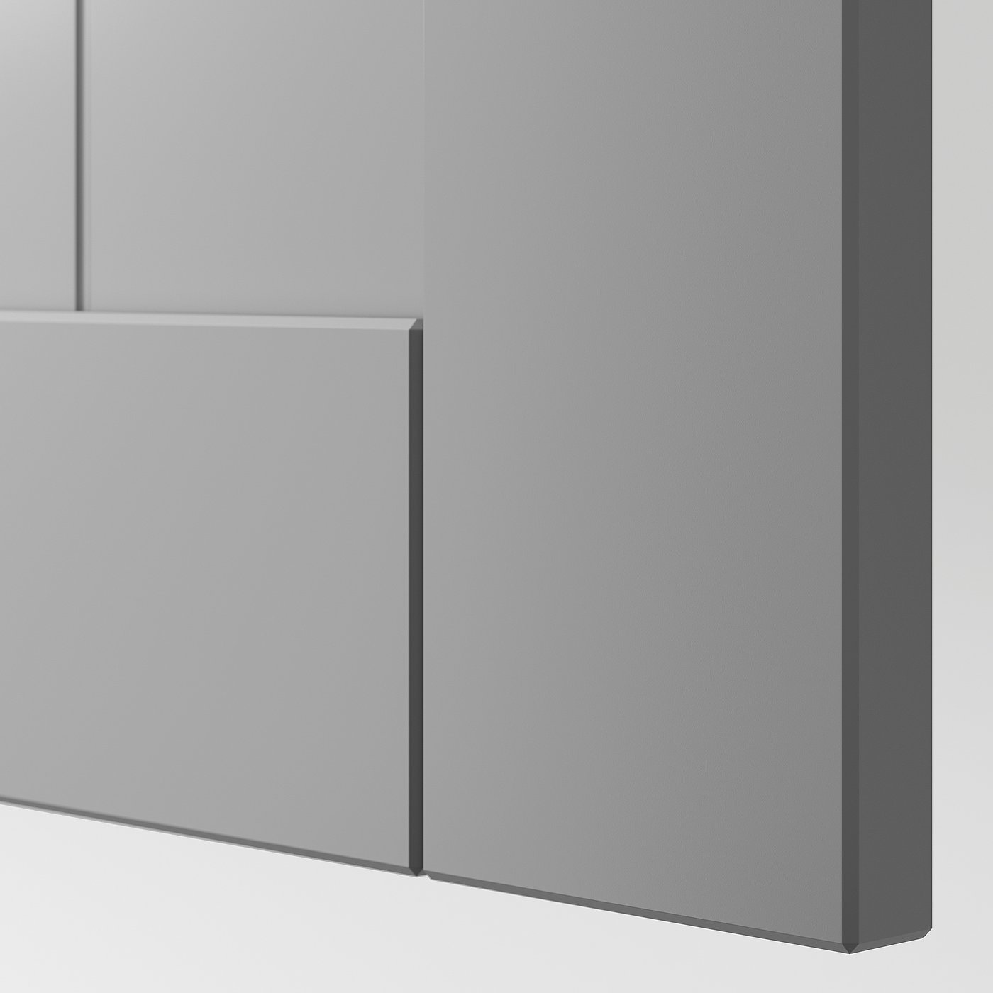 Grey cabinet door with sleek lines and modern design. Fine craftsmanship and smooth texture. Displays edge and surface details clearly.