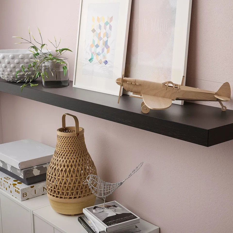 Dark shelf on pink wall displaying aeroplane, plant, and books.