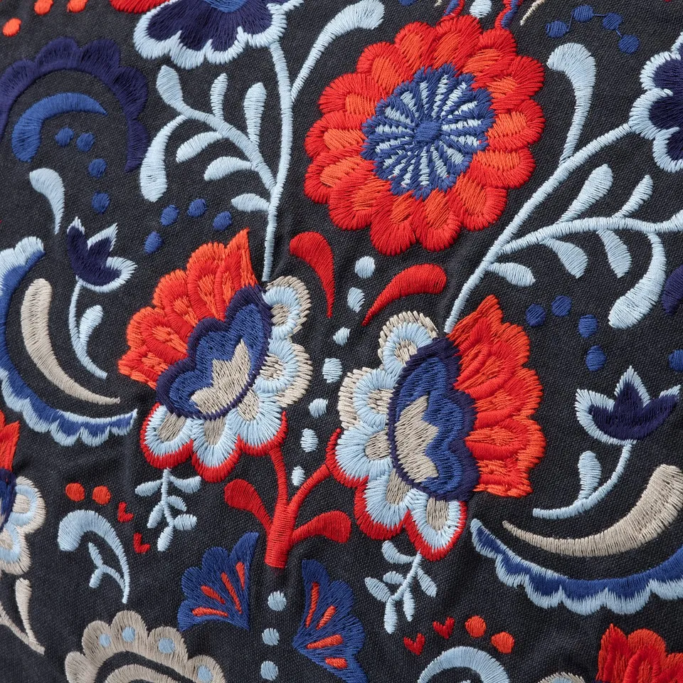 Intricate embroidered flowers on dark fabric, vibrant red, blue, white. High quality craftsmanship.