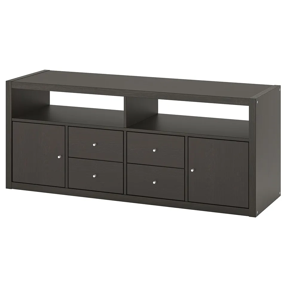 A KALLAX dark grey tv stand with open and closed compartments.