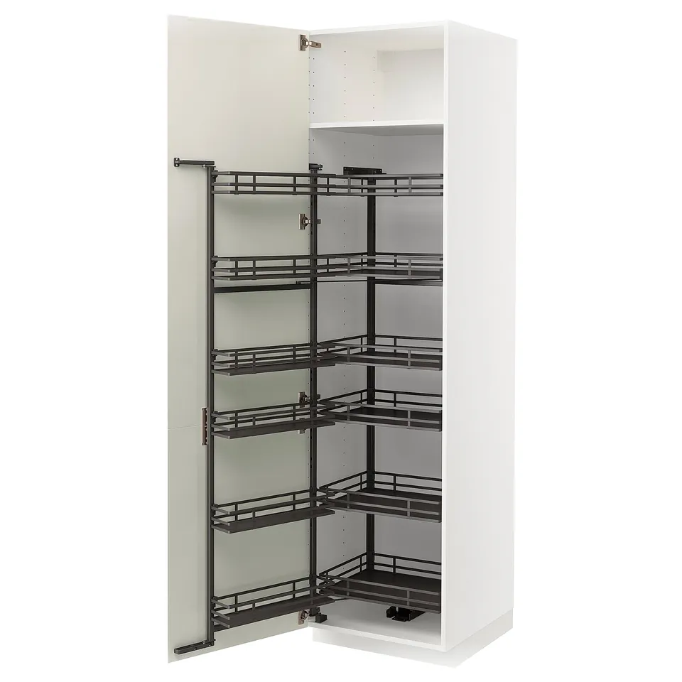 White METOD cabinet with black pull-out shelves.