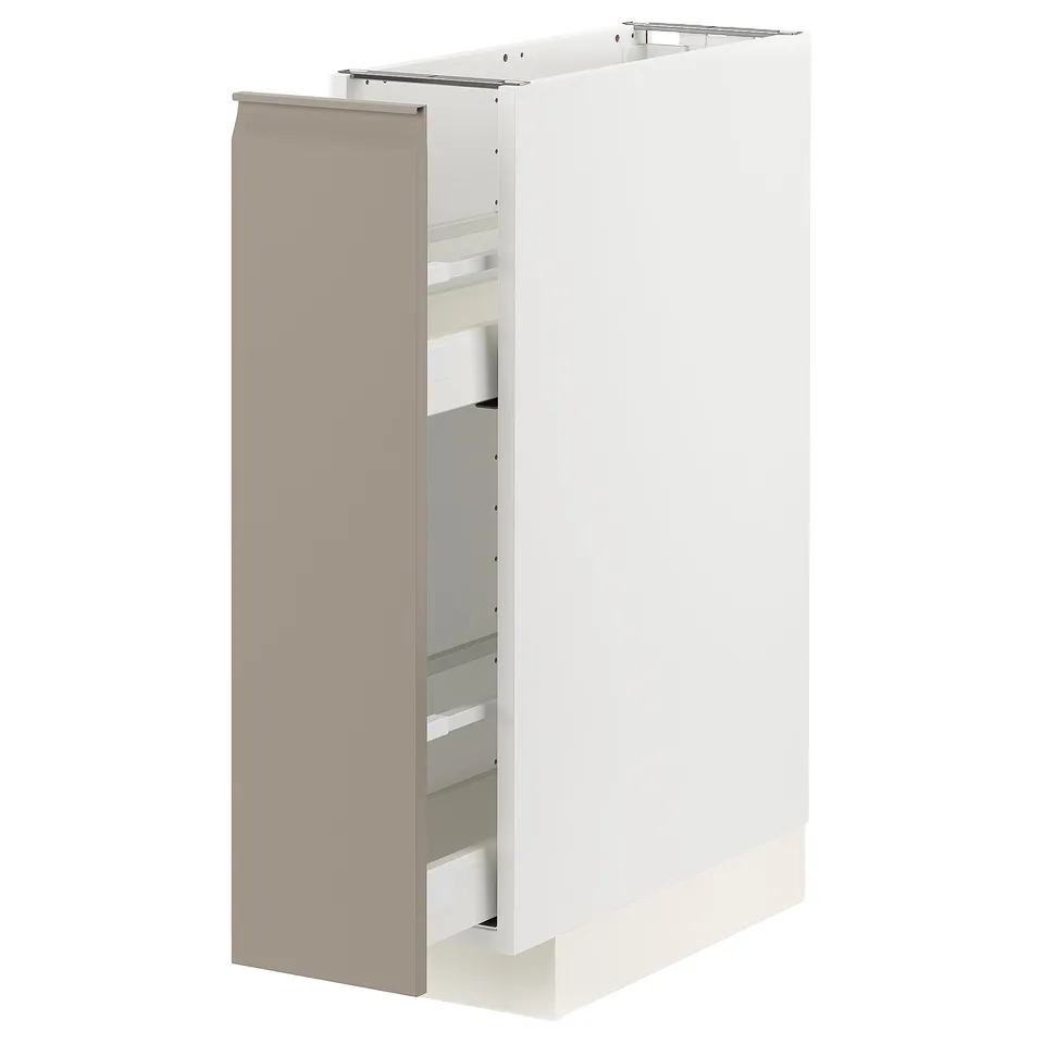 Modern METOD kitchen cabinet in grey-beige with integrated handles and pull-out shelves.