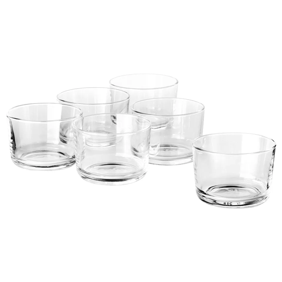 Six clear, round tempered glass cups of various sizes, arranged neatly, seamless and simple design by IKEA 365+.