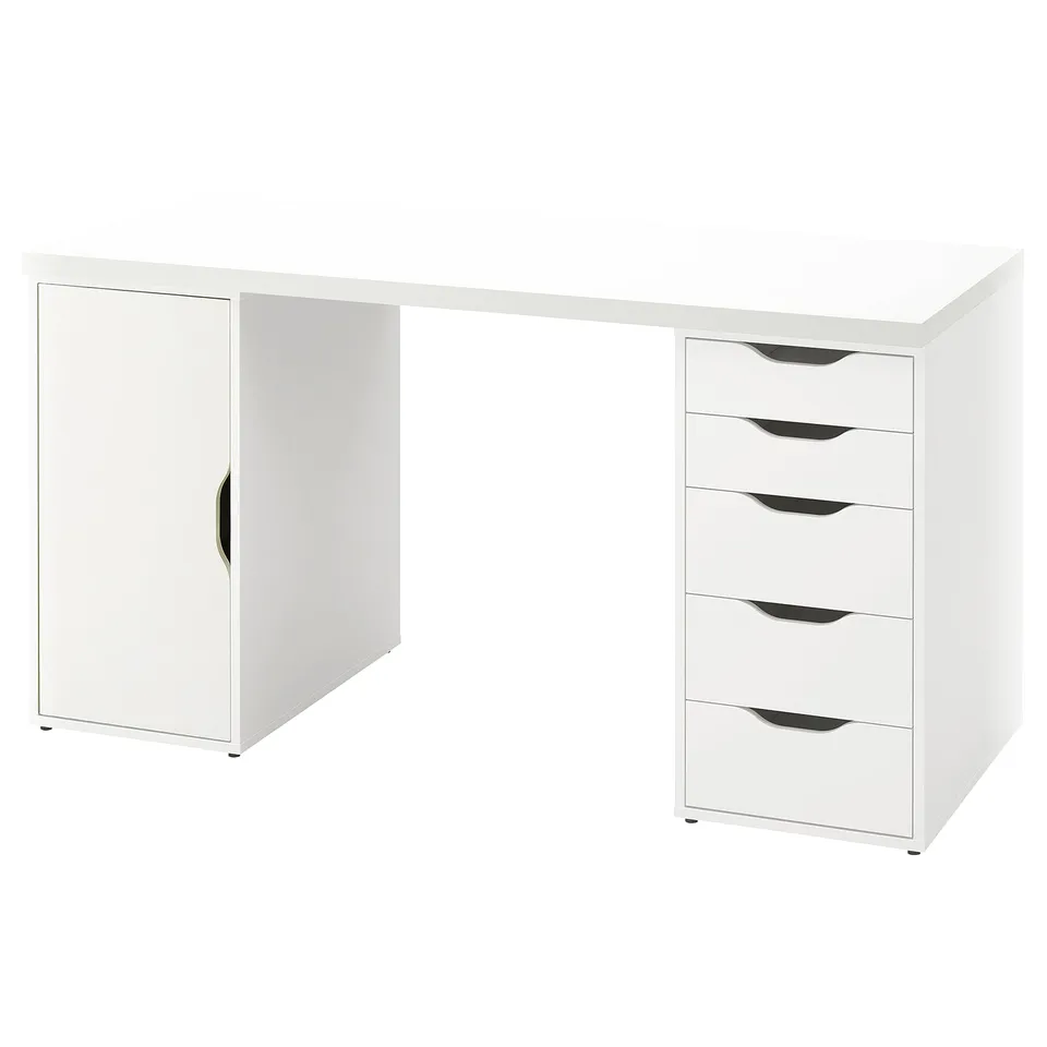 White LAGKAPTEN desk with cabinet and drawers. Modern design, honeycomb paper filling, acrylic paint.