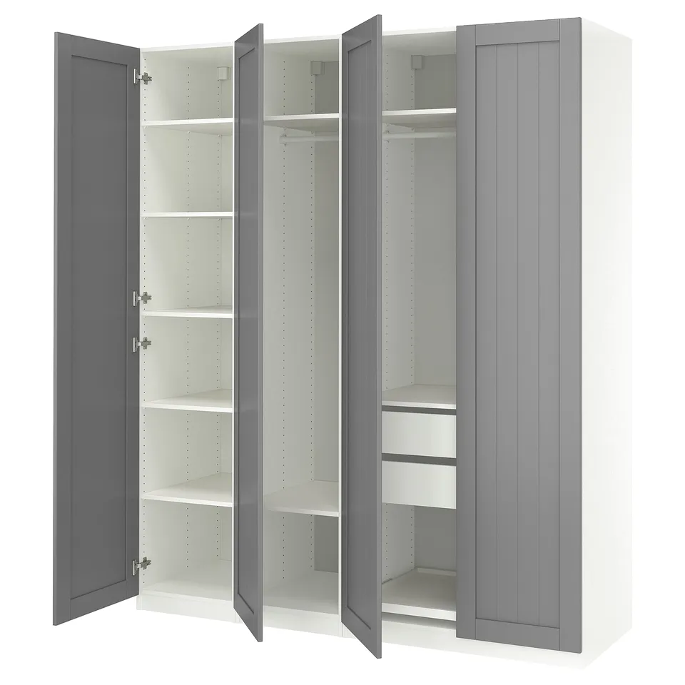 Grey PAX closet with open doors, shelves, and hanging rail.