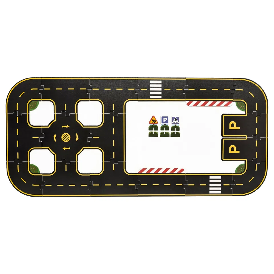 Ikea RÄVUNGE black car play mat with yellow roads, roundabout, parking, and footbridge.