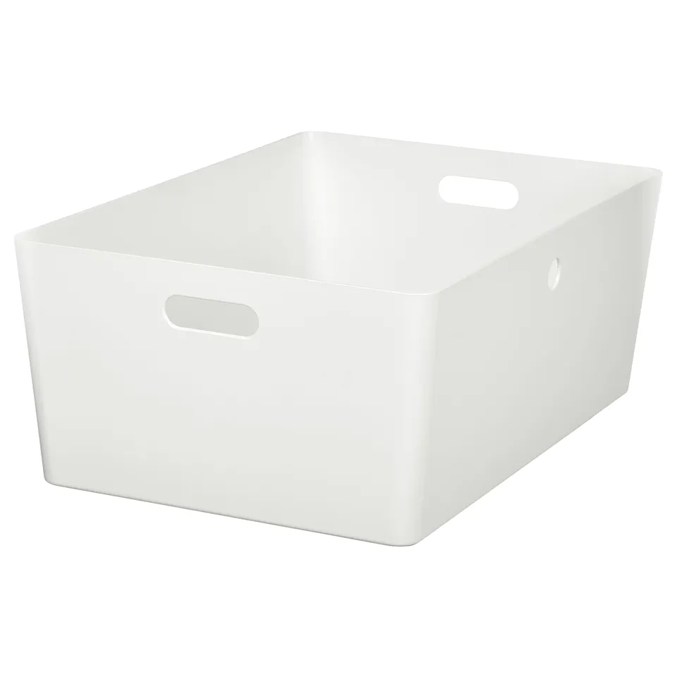 White KUGGIS storage box with handles, made of recycled pet plastic.