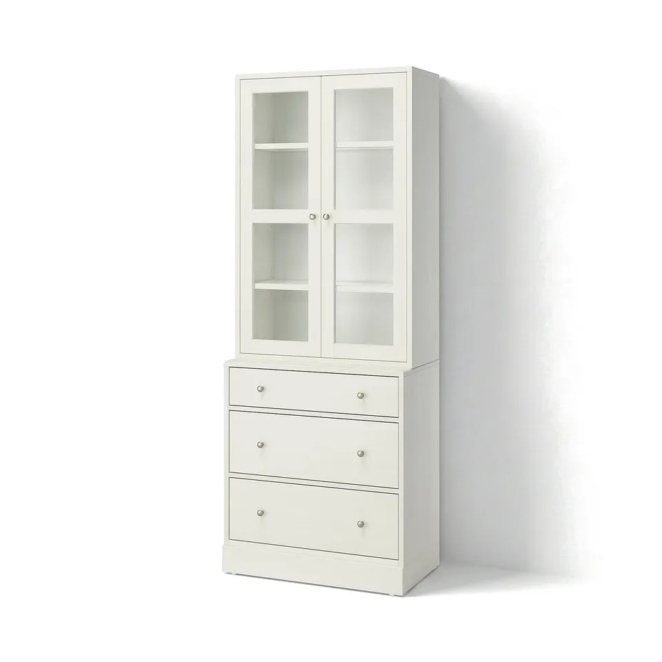 HAVSTA furniture: glass cabinet, 3-drawer chest with silver handles.