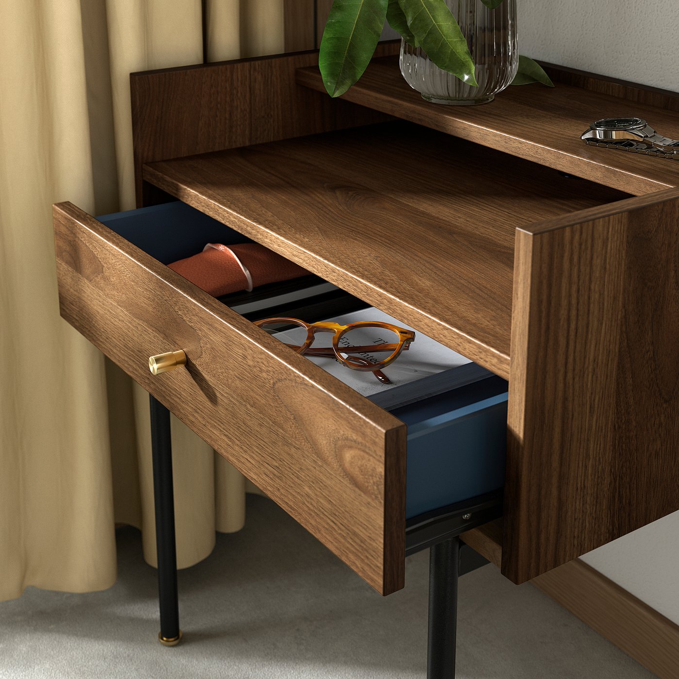 Wooden bedside table with open shelf and drawer showing sunglasses and keys, part of the RÅDMANSÖ series.
